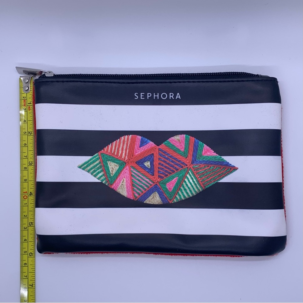 Sephora Make Up Zippered Pouch Black and White Stripes and Colorful Lips Print. - Picture 5 of 6